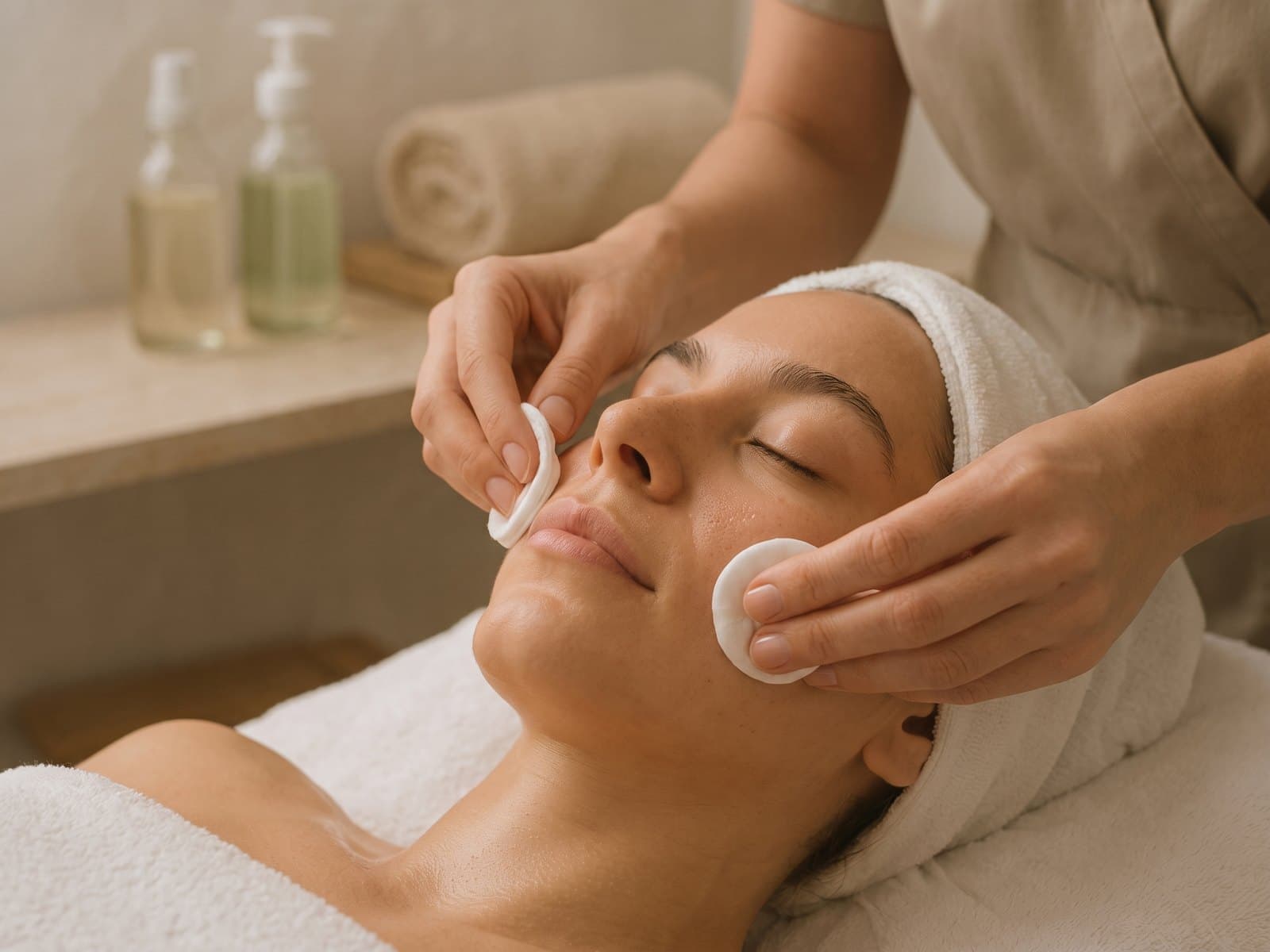 Profissional realizando limpeza de pele em paciente deitada na maca da clínica