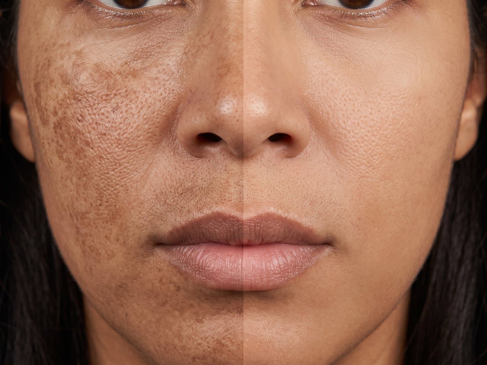 Close do rosto de uma mulher com manchas de melasma nas maçãs do rosto