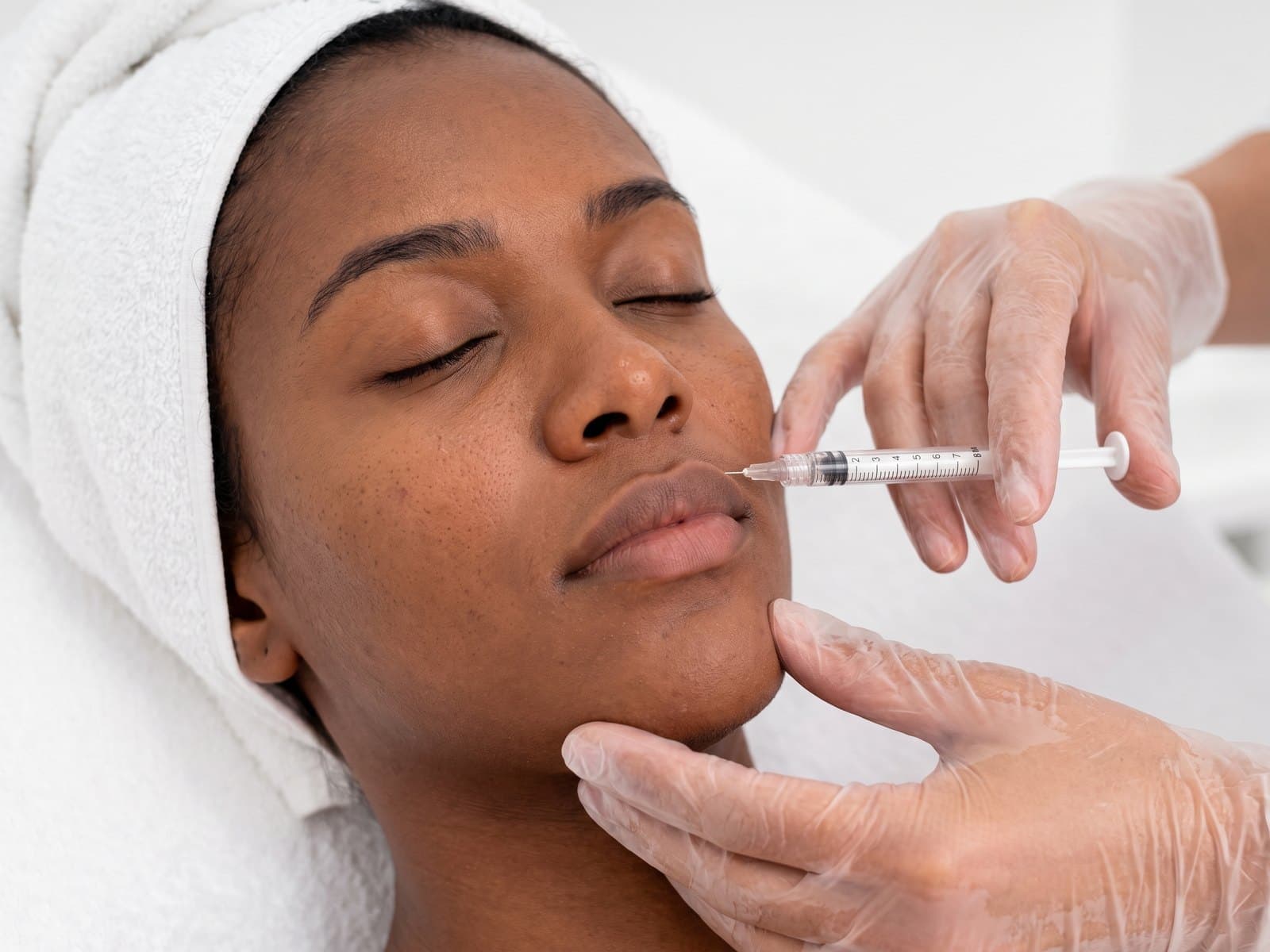 Profissional segurando seringa de ácido hialurônico próximo ao rosto de uma paciente